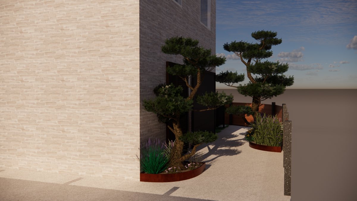 Tuinontwerp met cortenstalen plantenbakken en gesnoeide dennen langs een natuurstenen gevel