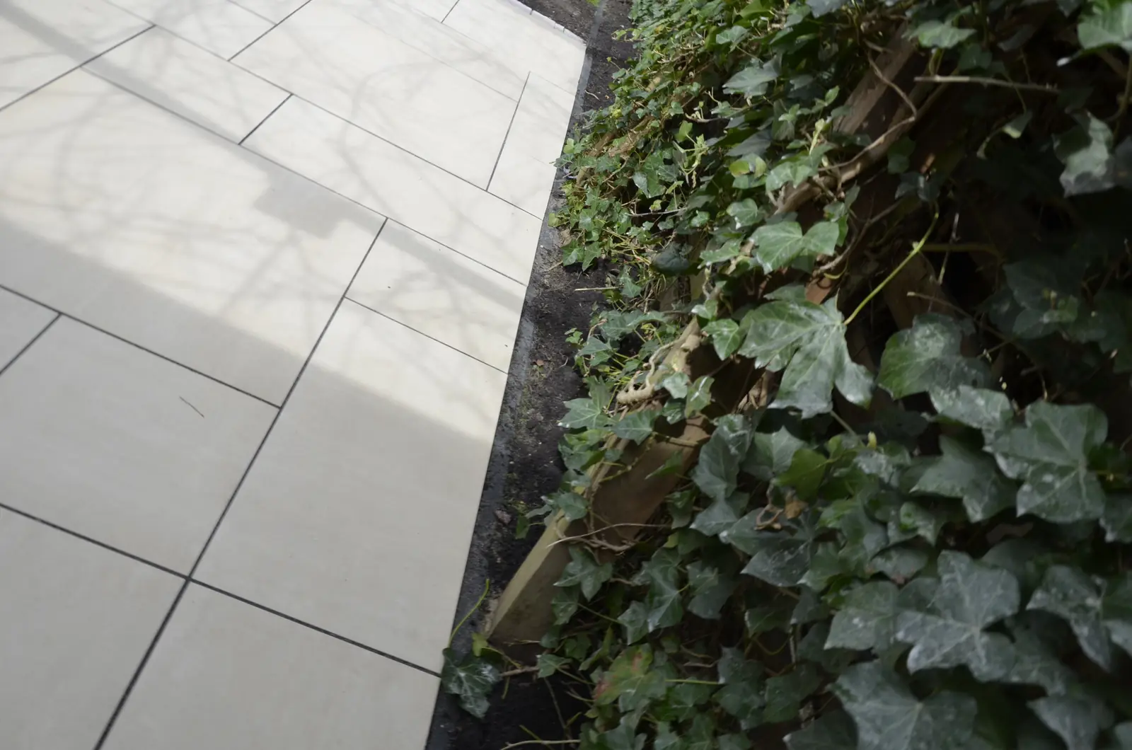 De stadstuin vanaf achteren, met de serre en de gebogen border