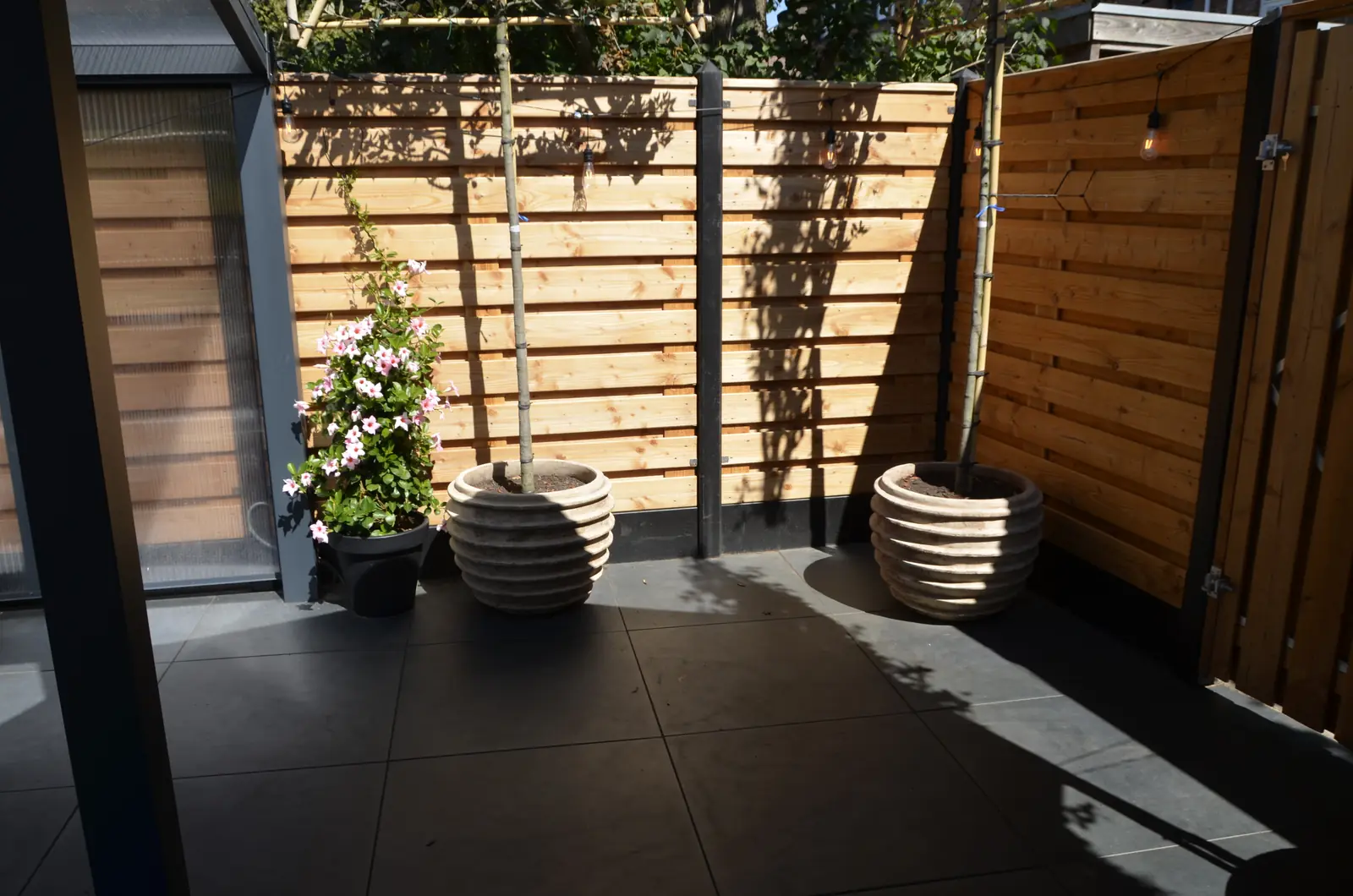 Doorkijk door de beplanting naar het terras