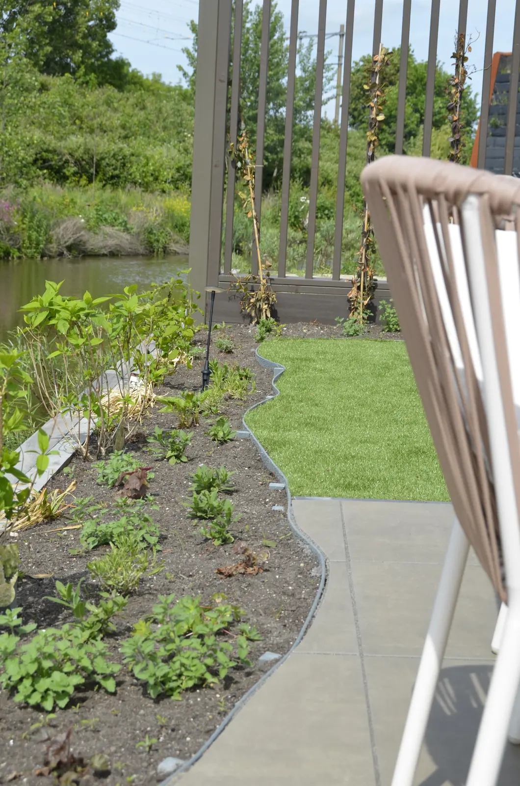 Border met jonge beplanting langs het terras aan het water